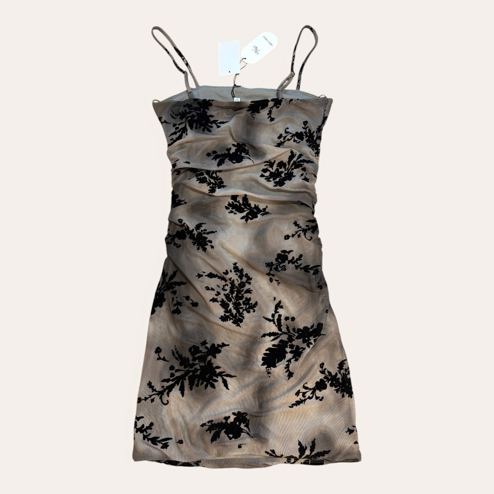 Urban Social Black Floral Flocked Mesh Ruched Bodycon Mini Dress Y2K S NWT